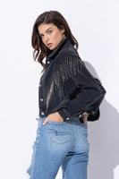 CROP DENIM JACKET WITH RHINESTONE FRINGE