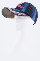 Crystal Pink Ribbon Embelished Fashion Denim Cap