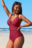 Scalloped V Neck Cut Out Monokini Swimwear