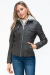 YMI Removable Faux Layered Multi-Pocket Jacket with Fuzzy Hood