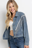 CROP DENIM JACKET WITH RHINESTONE FRINGE