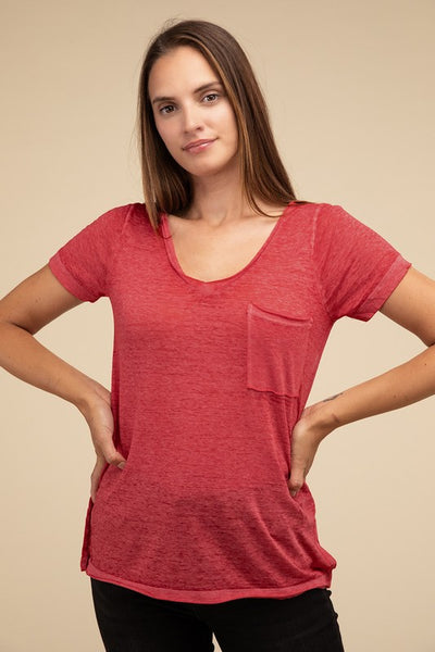 Washed Melange Burnout Scoop V-Neck Top