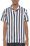 MENS SHORT SLEEVE STRIPED BUTTON DOWN PRINT SHIRT