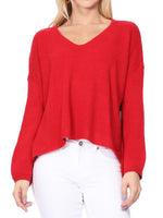 Wide V-Neck Oversized Sweater Top w. Side Slit