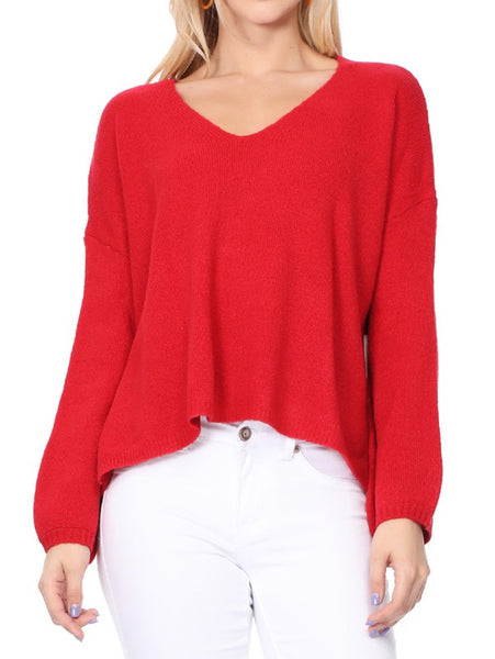 Wide V-Neck Oversized Sweater Top w. Side Slit