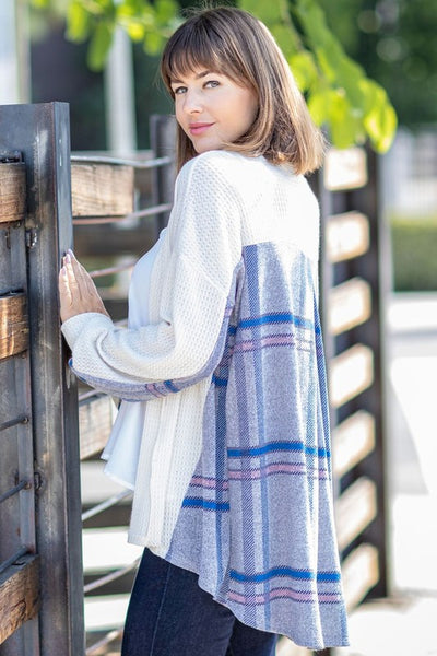 Plaid Back Waffle Knit  Cardigan