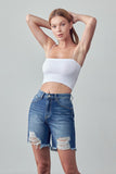 High Rise Ripped Bermuda Denim Shorts