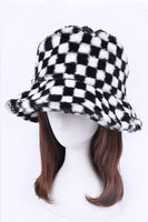 Checker Print Faux Fur Bucket Hat