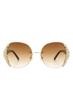 Women Rimless Round Rhinestone Oversize Sunglasses