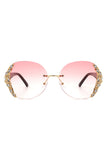 Women Rimless Round Rhinestone Oversize Sunglasses