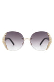 Women Rimless Round Rhinestone Oversize Sunglasses