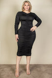 Curvy Plus Size Ruched Long Sleeve Midi Dress