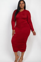 Curvy Plus Size Ruched Long Sleeve Midi Dress