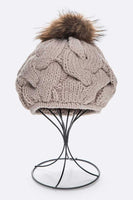 Cotton Cable Knit Large Fur Pom Beanie