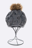 Cotton Cable Knit Large Fur Pom Beanie