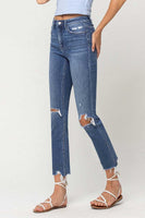 High Rise Distressed Hem Ankle Slim Straight Jeans