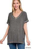 Washed Short Sleeve V-Neck Top W/ Hi-Low Hem