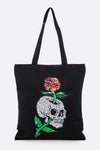 Skull And Rose Large Sequin Patch Canvas Tote