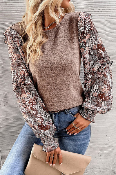 Ruffle Tiered Floral Sleeve Crew Neck Blouse