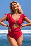 Ruffle O-Ring Cutout One Piece Bathing Suit