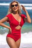 Ruffle O-Ring Cutout One Piece Bathing Suit