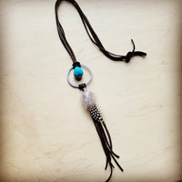 Brown Leather Necklace Blue Turquoise Spot Feather