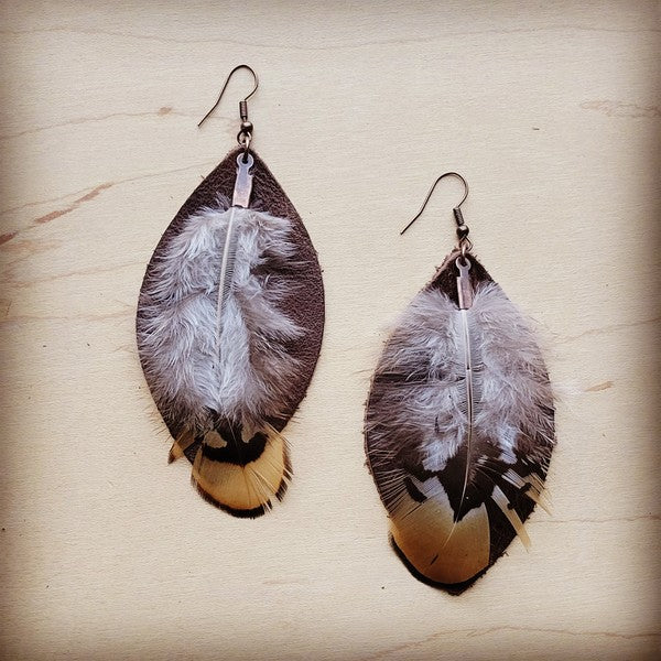 Western Leather Oval Earrings Brown Yellow Feather