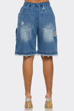 Utility-Chic Frayed Denim Casual Cargo Shorts