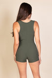 Solid Ribbed Slit Neckline Sleeveless Romper