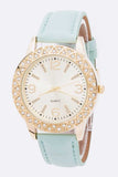 Crystal Bezel Leather Band Fashion Watch