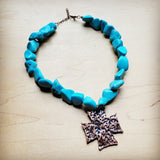 Chunky Blue Turquoise Collar Necklace Cross Pendan