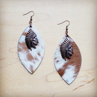 Tan & White Leather Hide Earrings w/ Indian