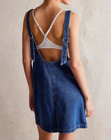 Denim scoop neck overall dress