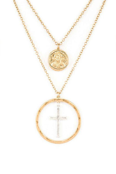 Mix Tone Cross Coin Pendant Necklace