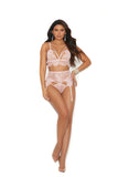 Elegant Moments Eyelash Lace Bralette With Strappy Front Detail, Adjustable Straps And Clip Closure, Matching Garter Belt With Adjustable Garters And Hook And Eye Back Closure, Matching Thong With Double Straps Included