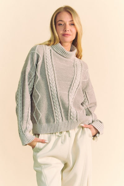 Davi & Dani Cable-Knit Turtleneck Dropped Shoulder Sweater