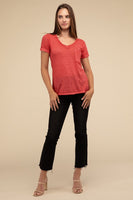 Washed Melange Burnout Scoop V-Neck Top