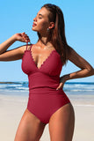 Scalloped V Neck Cut Out Monokini Swimwear