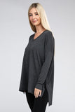 Dolman Long Sleeve V-Neck Side Slit Hi-Low Hem Top