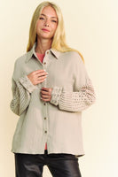 Davi & Dani Crochet Sleeve Crinkled Texture Shirt