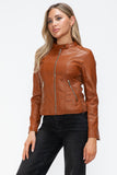 Snobbish Faux Leather Zip Up Drawstring Hooded Jacket