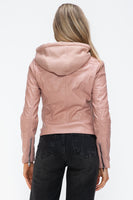 Snobbish Faux Leather Zip Up Drawstring Hooded Jacket