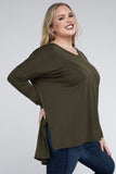 Plus Dolman Sleeve V-Neck Side Slit Hi-Low Hem Top