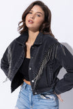 CROP DENIM JACKET WITH RHINESTONE FRINGE