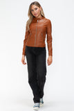 Snobbish Faux Leather Zip Up Drawstring Hooded Jacket