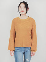 Puff Bell Sleeve Waffle Knit Pullover Sweater Top