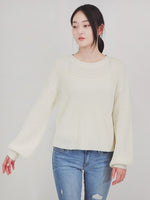 Puff Bell Sleeve Waffle Knit Pullover Sweater Top