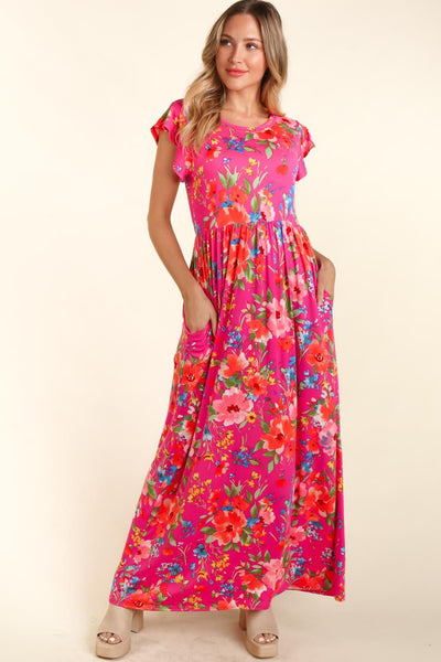 Haptics Floral Ruffled Round Neck Cap Sleeve Dress