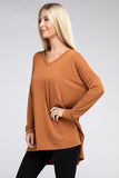 Dolman Long Sleeve V-Neck Side Slit Hi-Low Hem Top