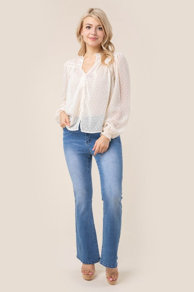 Swiss dot chiffon blouse with ruffled neck